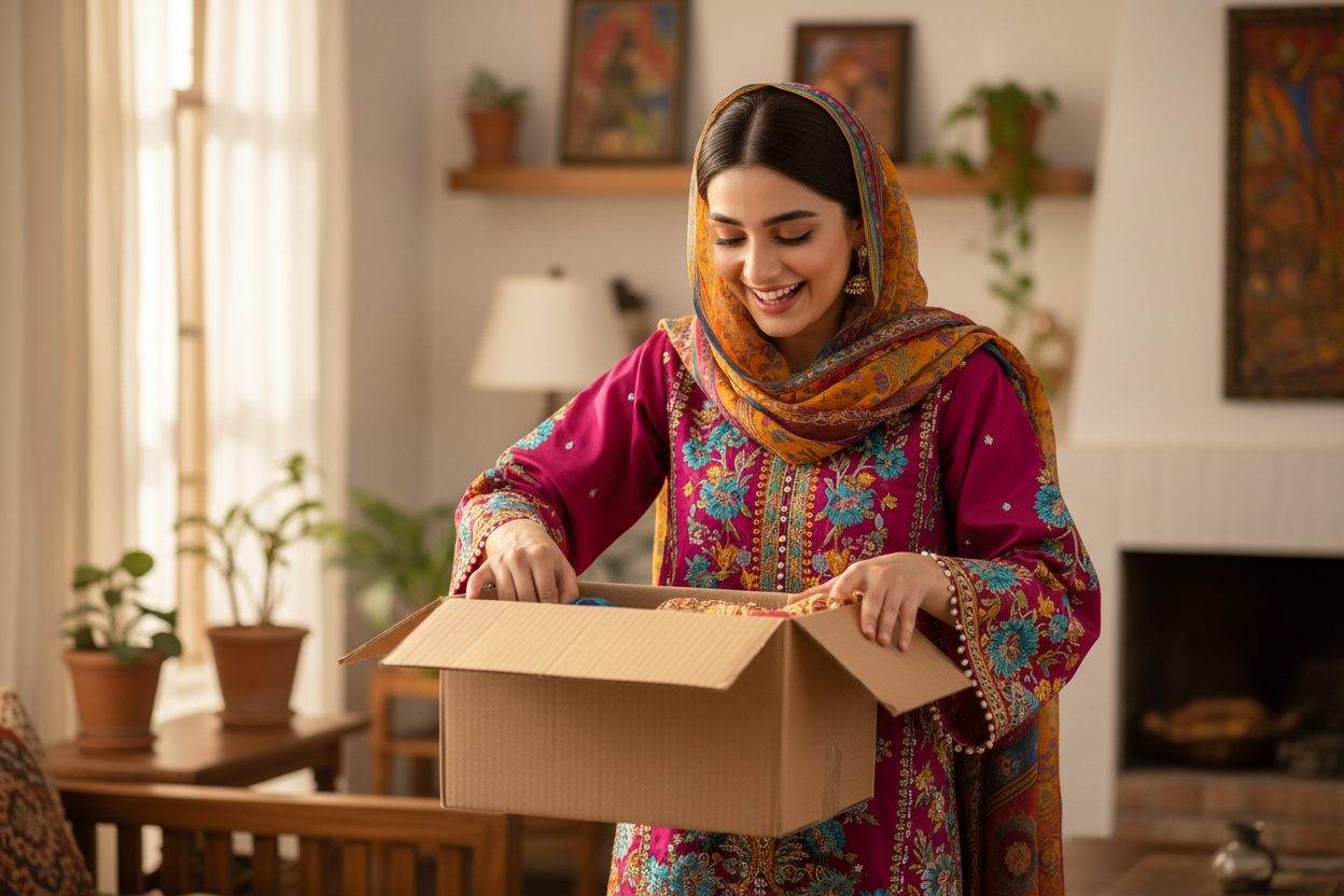 gril form pakistani dress and open parcel